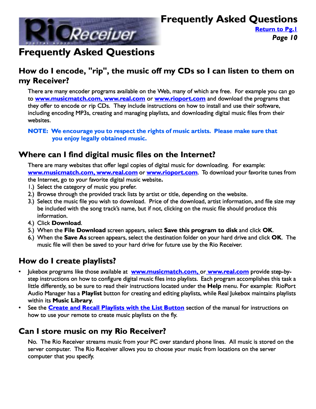 Rio Audio Digital Audio Receiver manual Frequently Asked Questions, How do I create playlists?, Page, Return to Pg.1 
