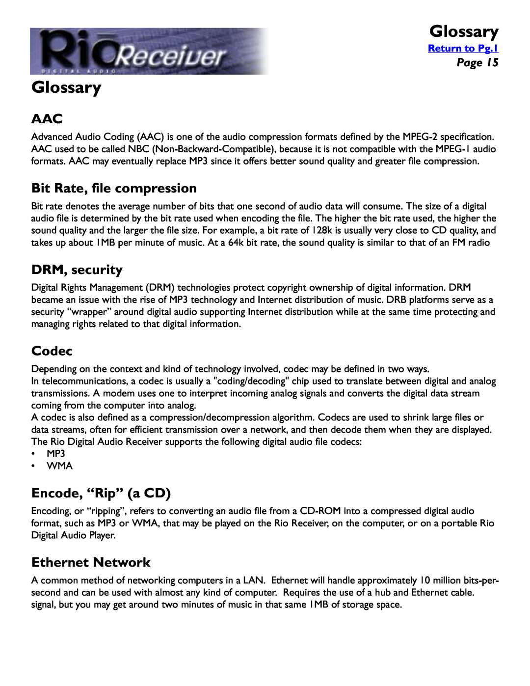 Rio Audio Digital Audio Receiver Glossary, Bit Rate, file compression, DRM, security, Codec, Encode, “Rip” a CD, Page 