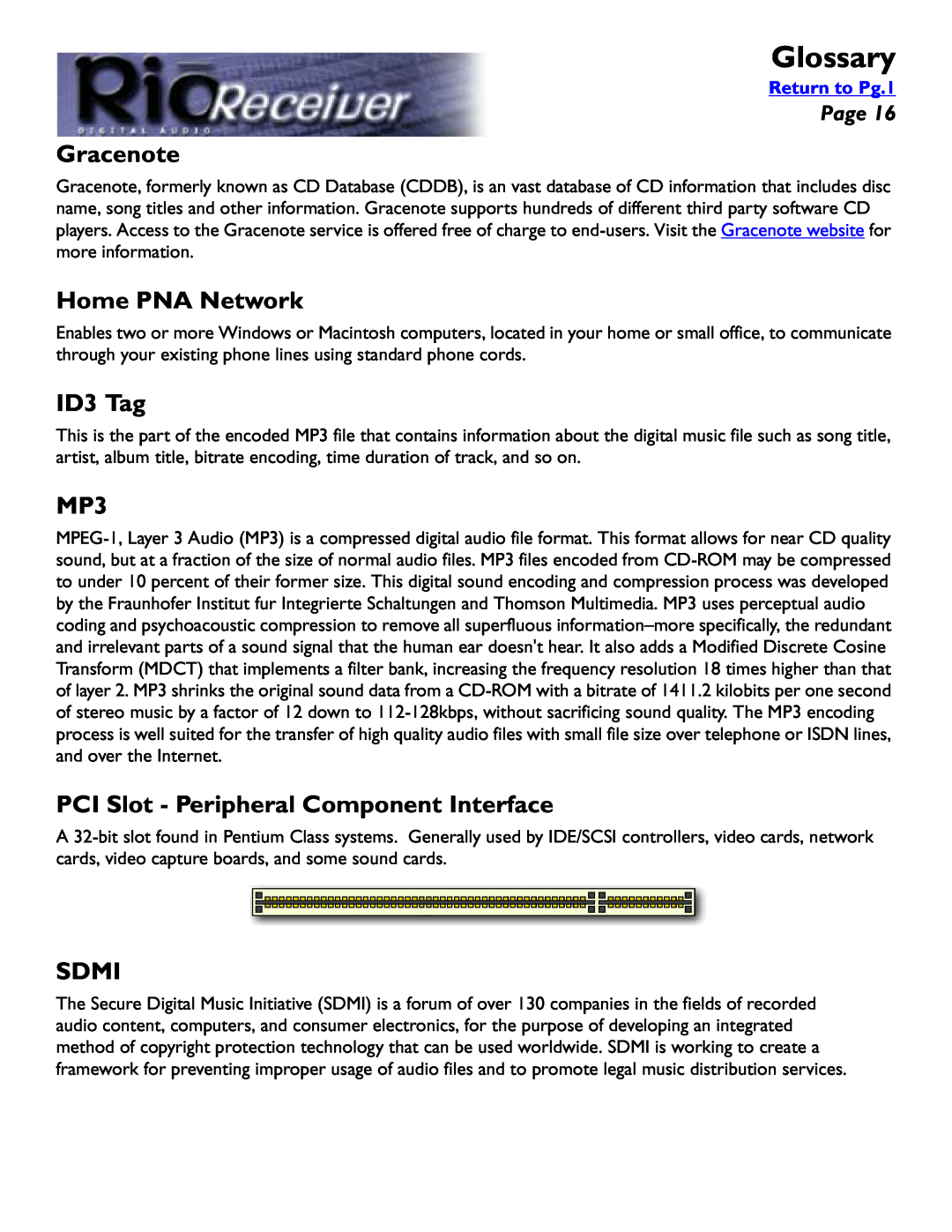 Rio Audio Digital Audio Receiver Glossary, Gracenote, Home PNA Network, ID3 Tag, PCI Slot - Peripheral Component Interface 