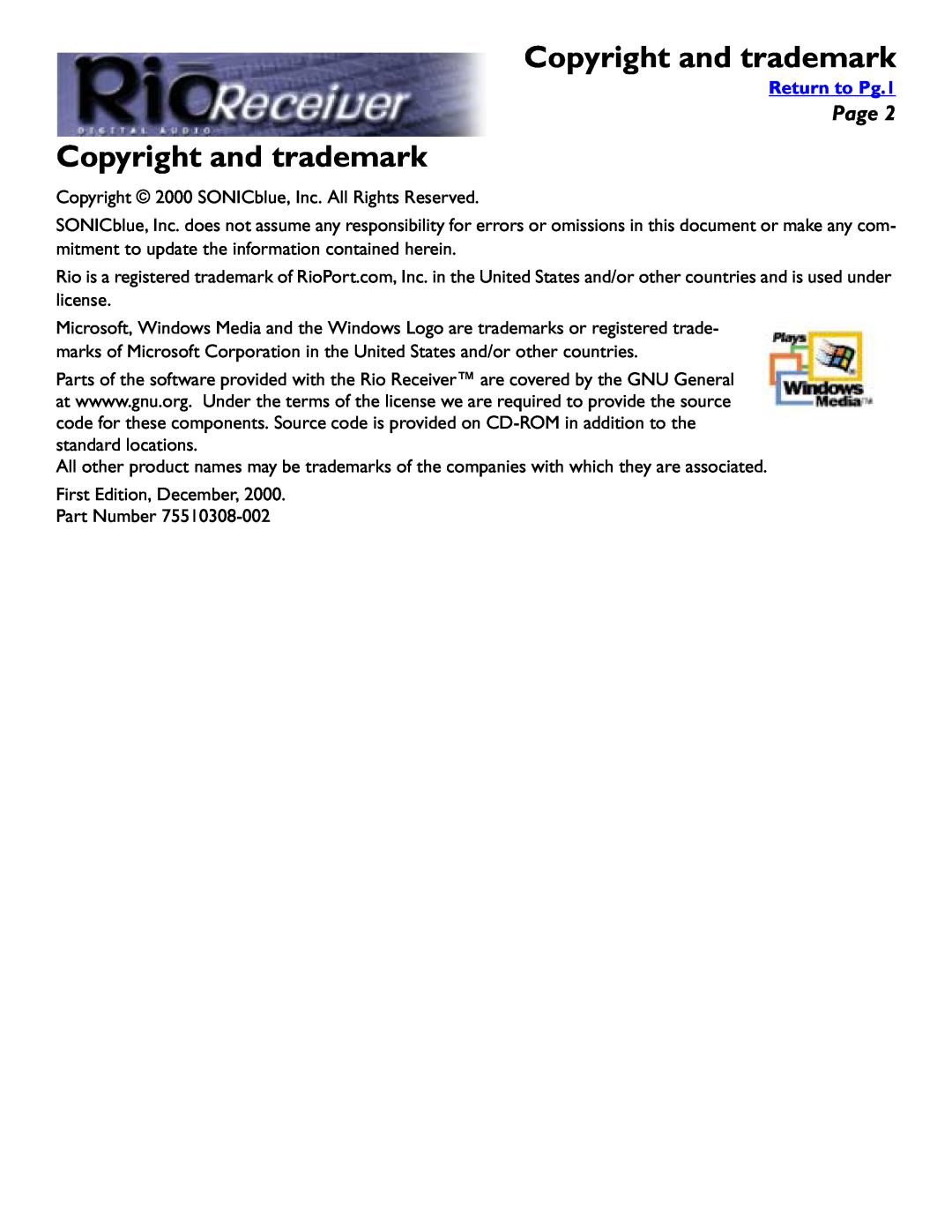 Rio Audio Digital Audio Receiver manual Copyright and trademark, Page, Return to Pg.1 