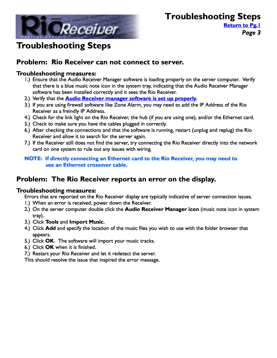 Rio Audio Digital Audio Receiver manual Troubleshooting Steps, Page, Troubleshooting measures, Return to Pg.1 
