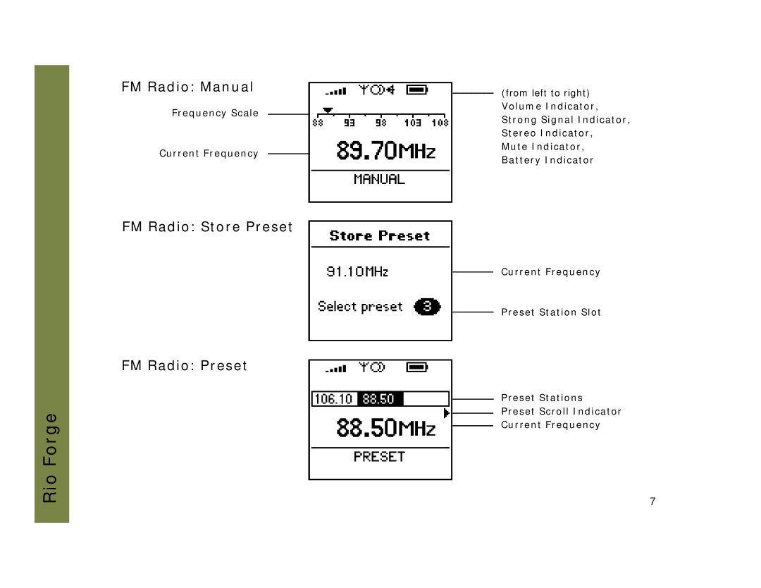 Rio Audio Forge manual FM Radio Manual, FM Radio Store Preset FM Radio Preset, Frequency Scale Current Frequency 