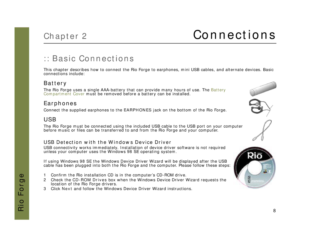 Rio Audio Forge manual Basic Connections, Battery, Earphones 