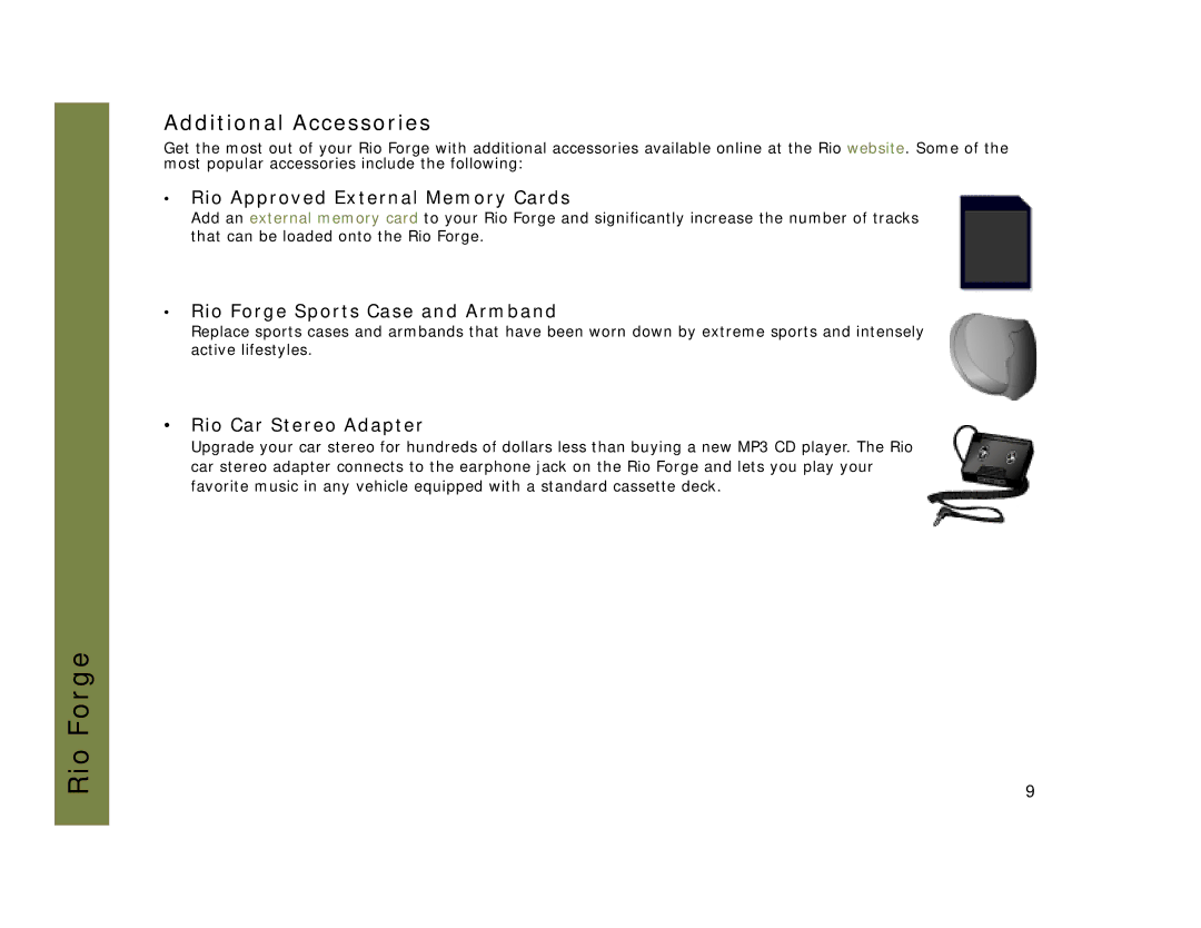 Rio Audio Forge manual Additional Accessories, Rio Approved External Memory Cards 