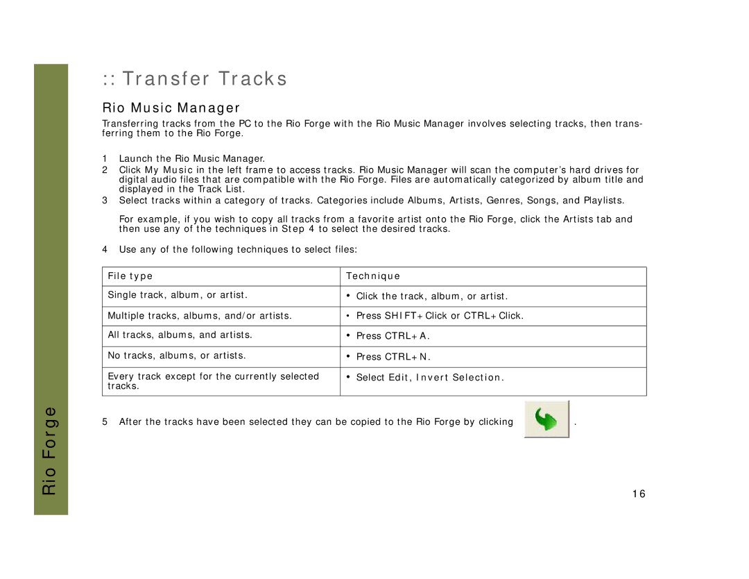 Rio Audio Forge manual Transfer Tracks, File type Technique 