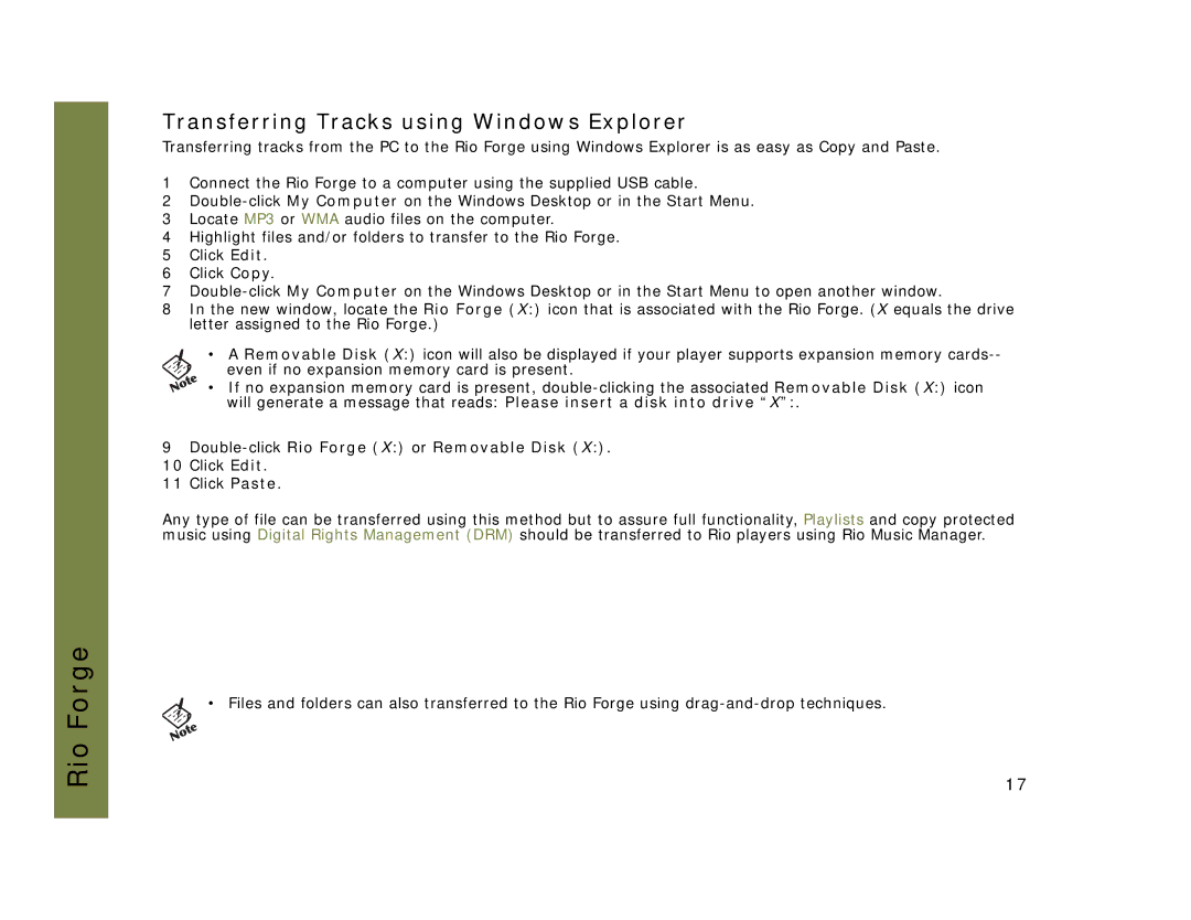 Rio Audio manual Transferring Tracks using Windows Explorer, Double-clickRio Forge X or Removable Disk 