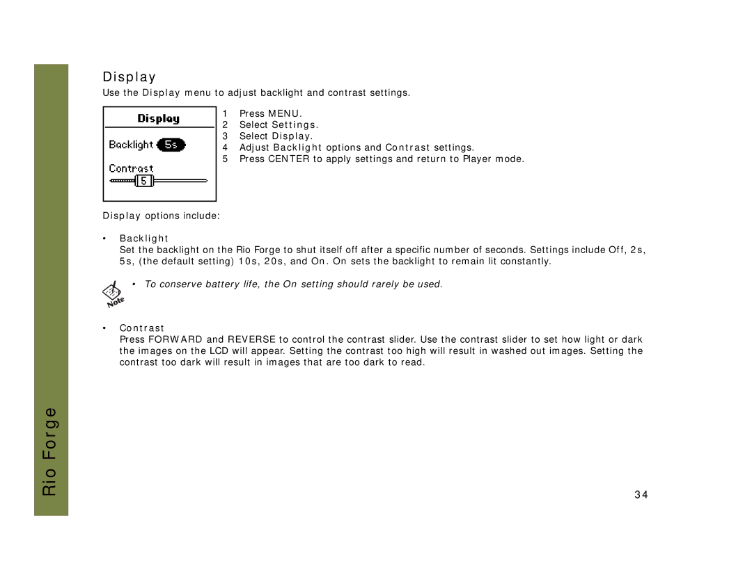 Rio Audio Forge manual Display, Backlight, Contrast 