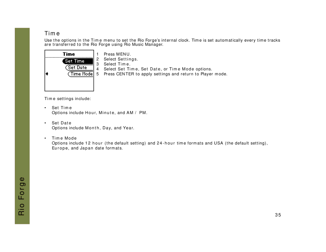 Rio Audio Forge manual Select Set Time, Set Date, or Time Mode options 