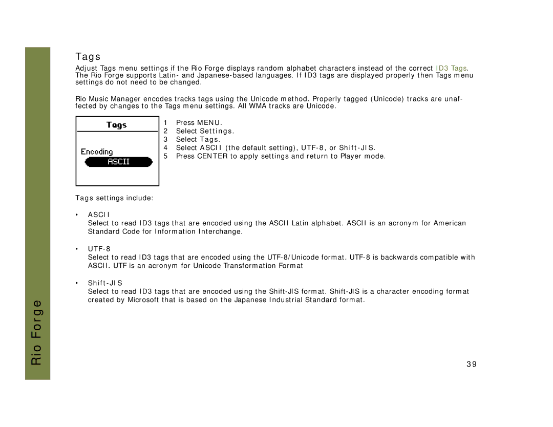 Rio Audio Forge manual Tags, UTF-8, Shift-JIS 