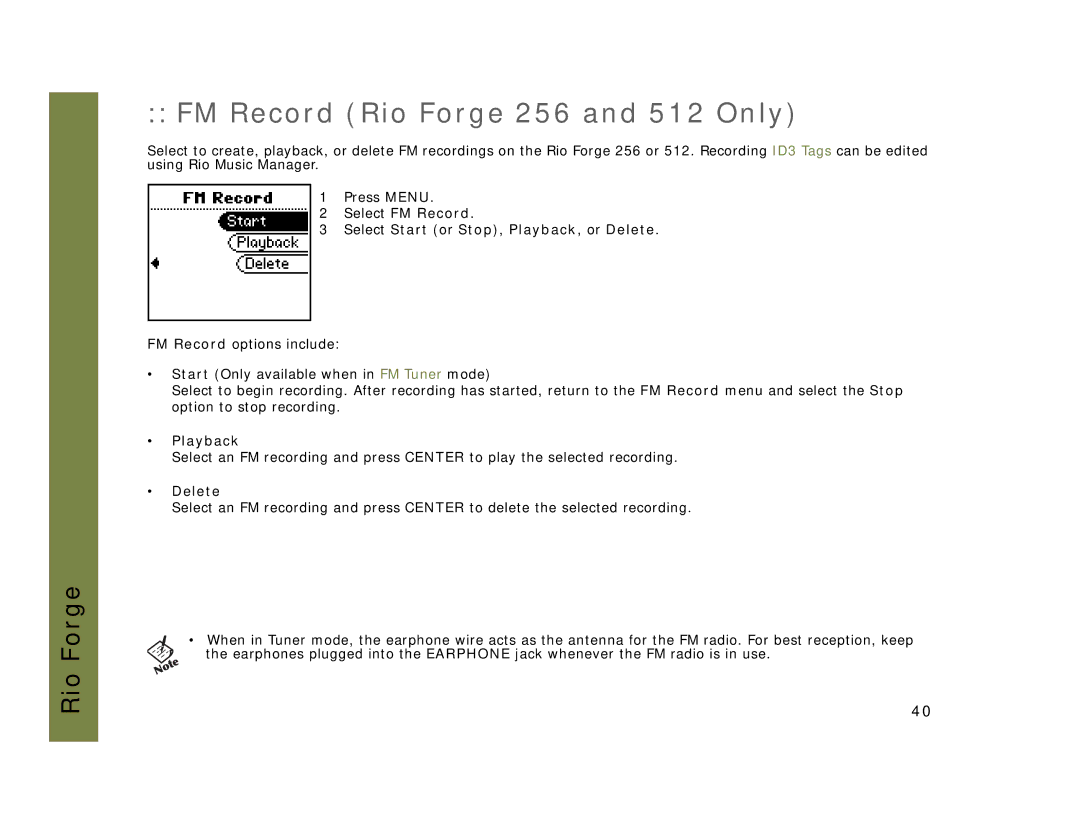 Rio Audio manual FM Record Rio Forge 256 and 512 Only, Select FM Record Select Start or Stop, Playback, or Delete 