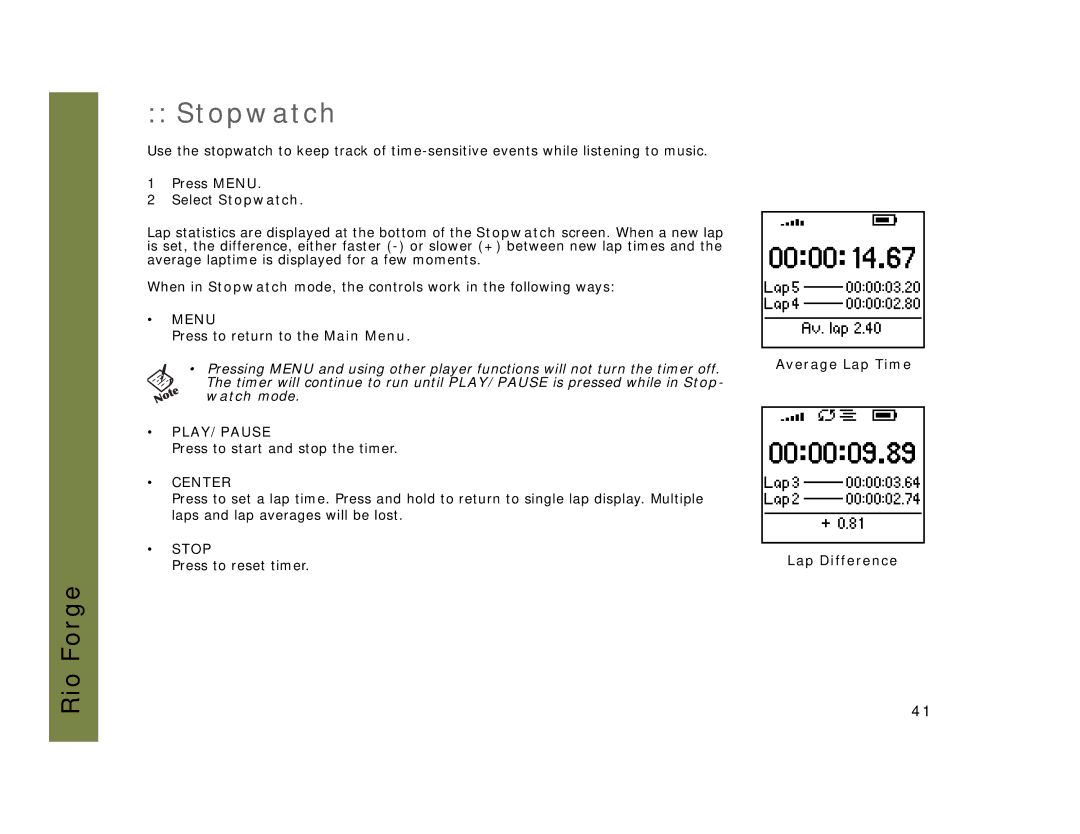 Rio Audio Forge manual Select Stopwatch, Average Lap Time Lap Difference 