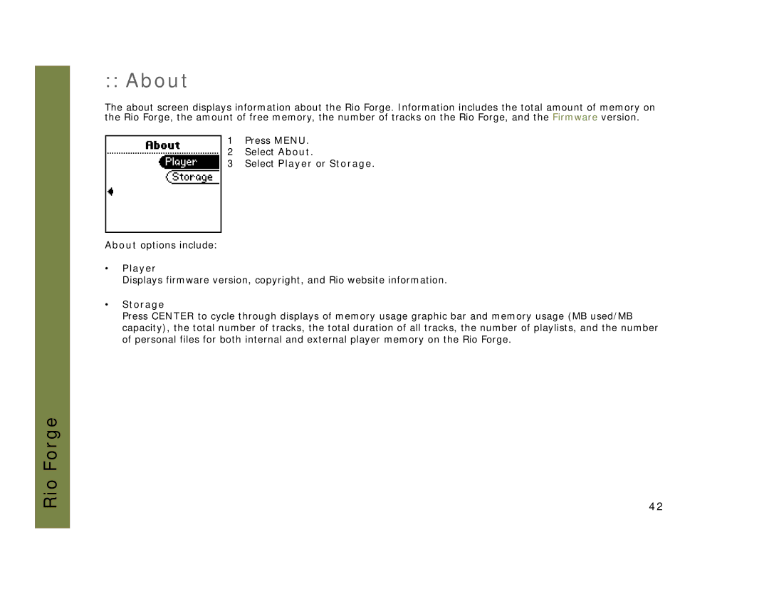 Rio Audio Forge manual About, Select Player or Storage 
