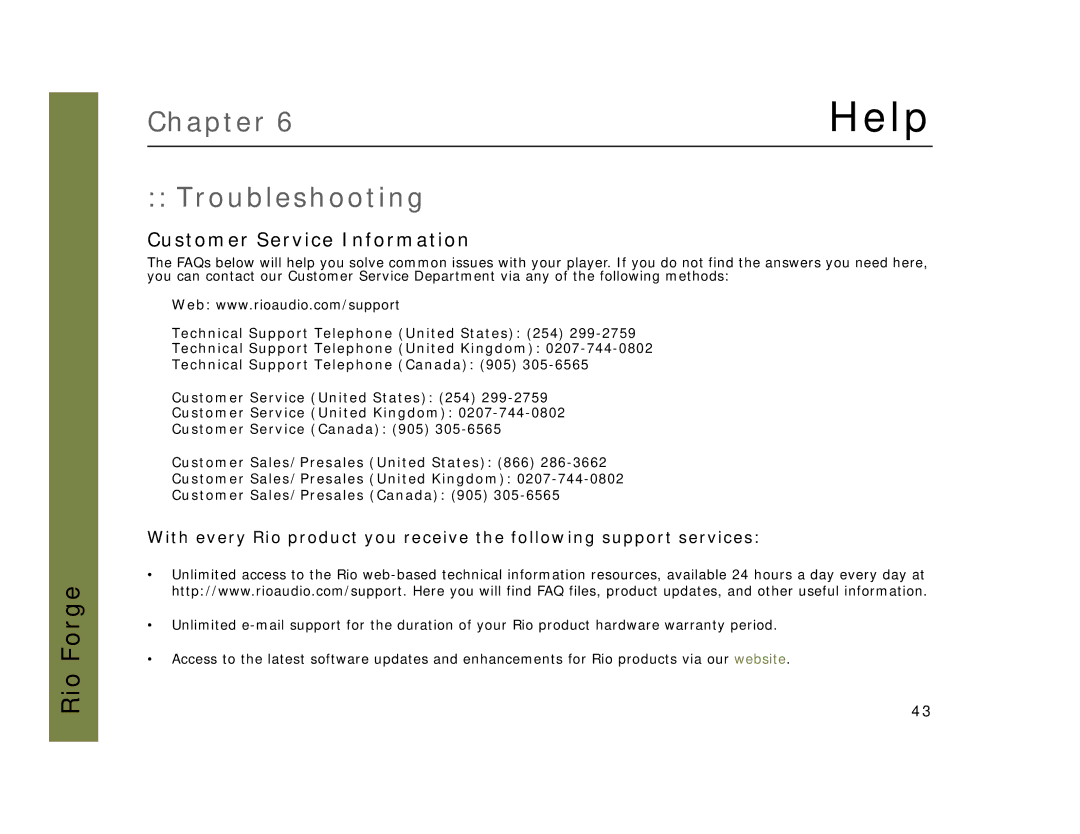 Rio Audio Forge manual Troubleshooting, Customer Service Information 