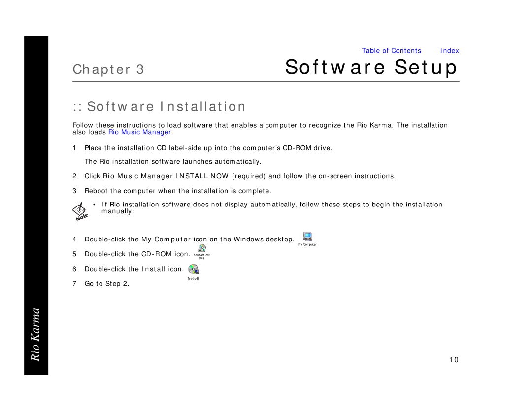 Rio Audio Karma MP3 manual Software Setup, Software Installation 