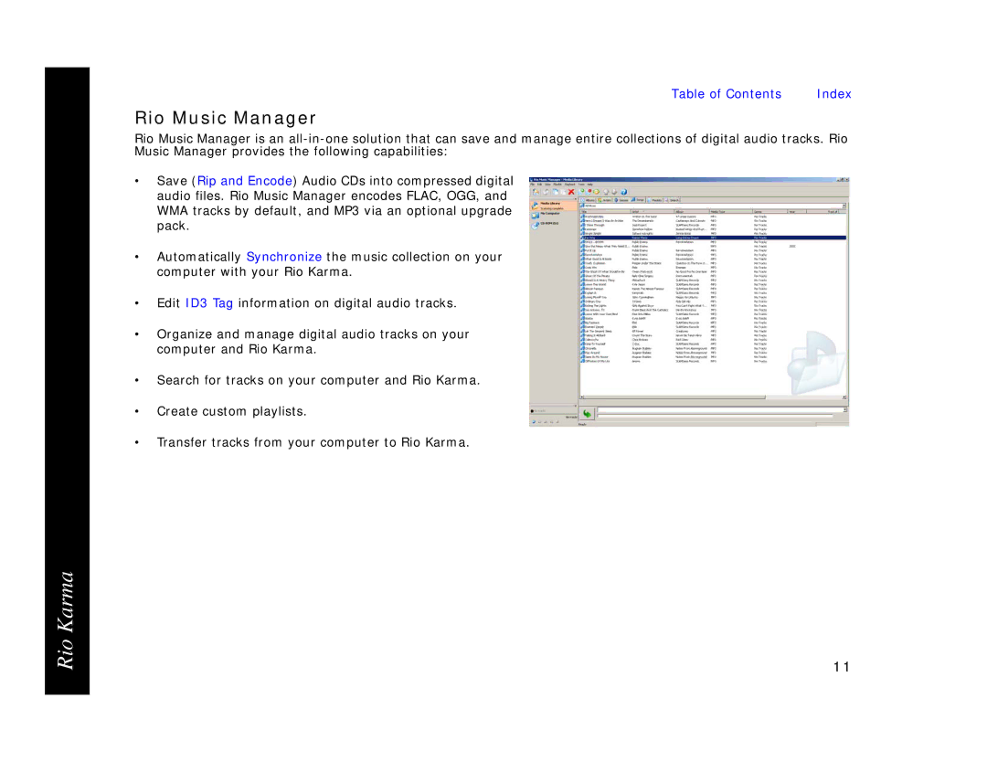 Rio Audio Karma MP3 manual Rio Music Manager 