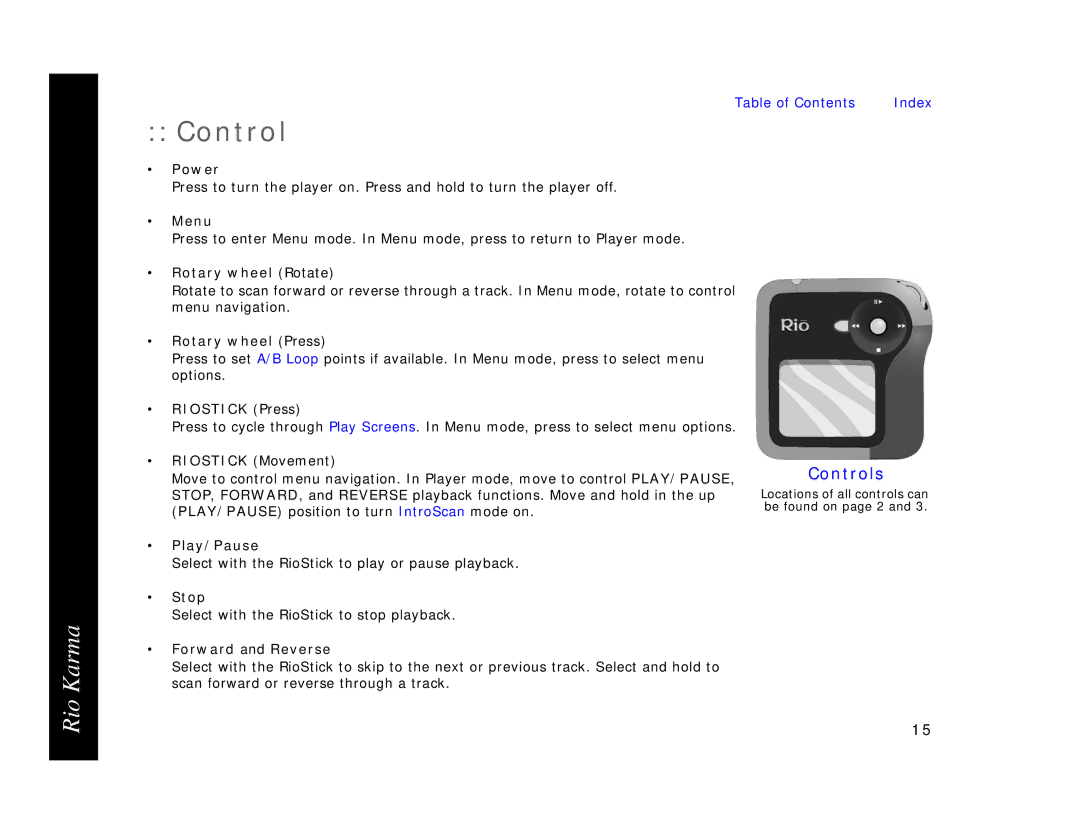 Rio Audio Karma MP3 manual Control 