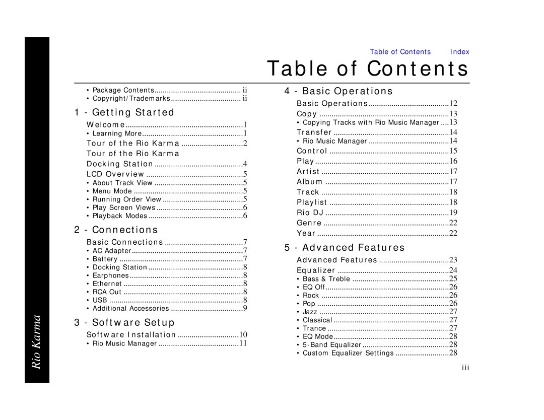 Rio Audio Karma MP3 manual Table of Contents 