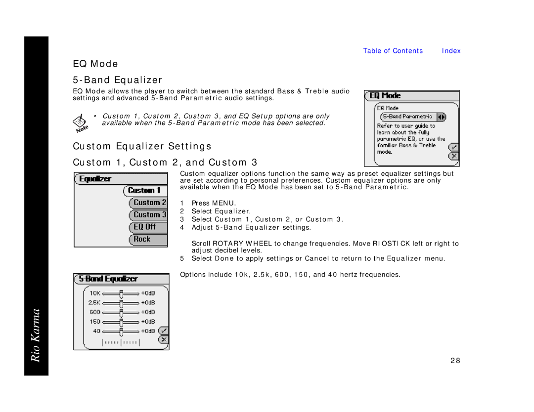 Rio Audio Karma MP3 manual EQ Mode Band Equalizer, Custom Equalizer Settings Custom 1, Custom 2, and Custom 