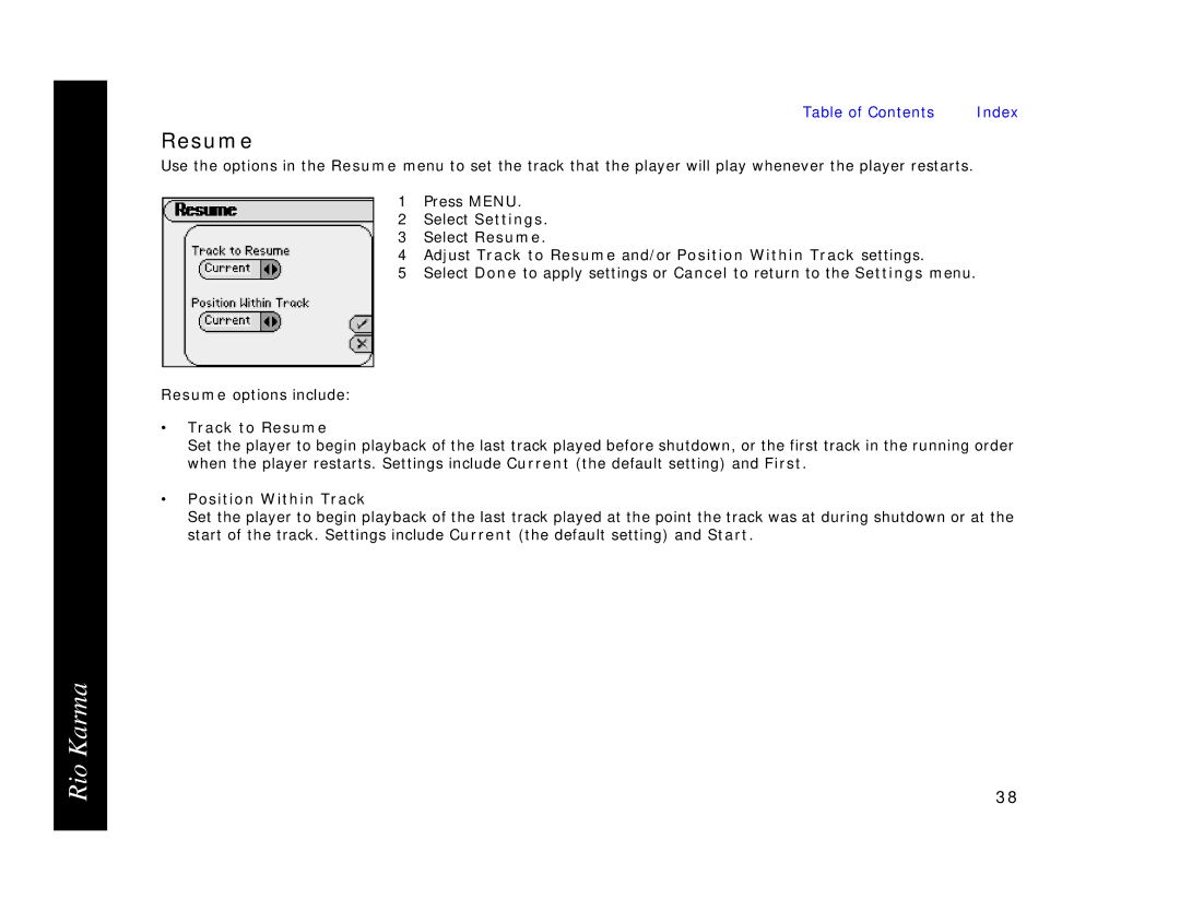 Rio Audio Karma MP3 manual Track to Resume, Position Within Track 