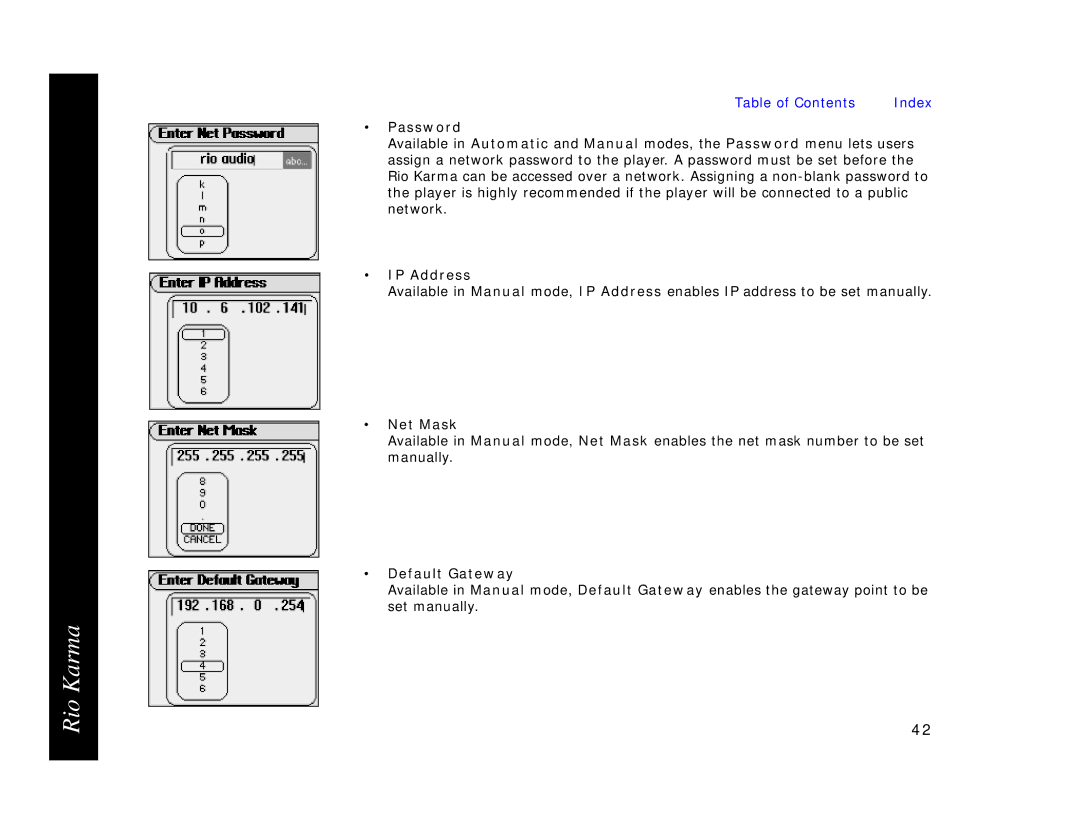 Rio Audio Karma MP3 manual Password, IP Address, Net Mask, Default Gateway 