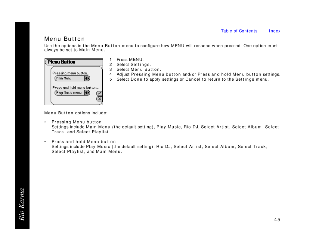 Rio Audio Karma MP3 manual Menu Button 
