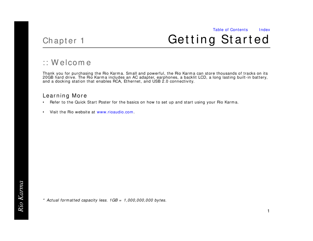 Rio Audio Karma MP3 manual Chapter, Welcome, Learning More 