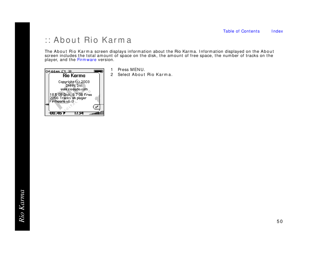 Rio Audio Karma MP3 manual Select About Rio Karma 