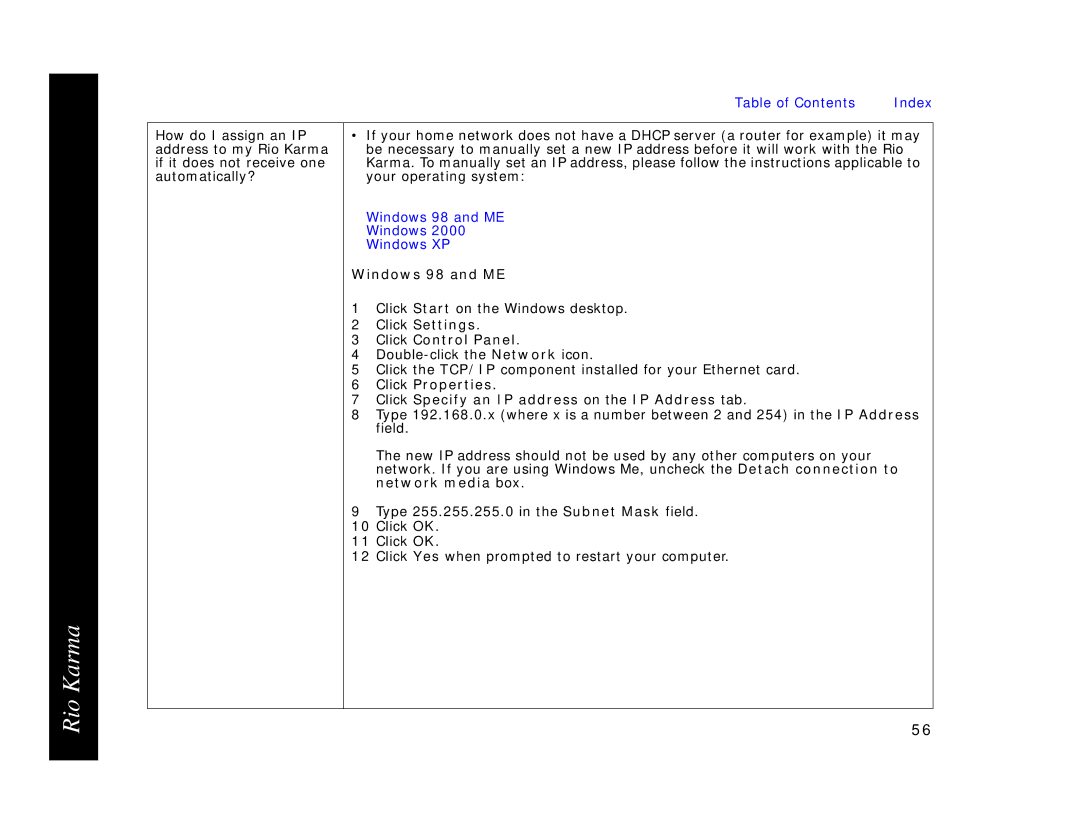 Rio Audio Karma MP3 manual Windows 98 and ME, Click Settings Click Control Panel 