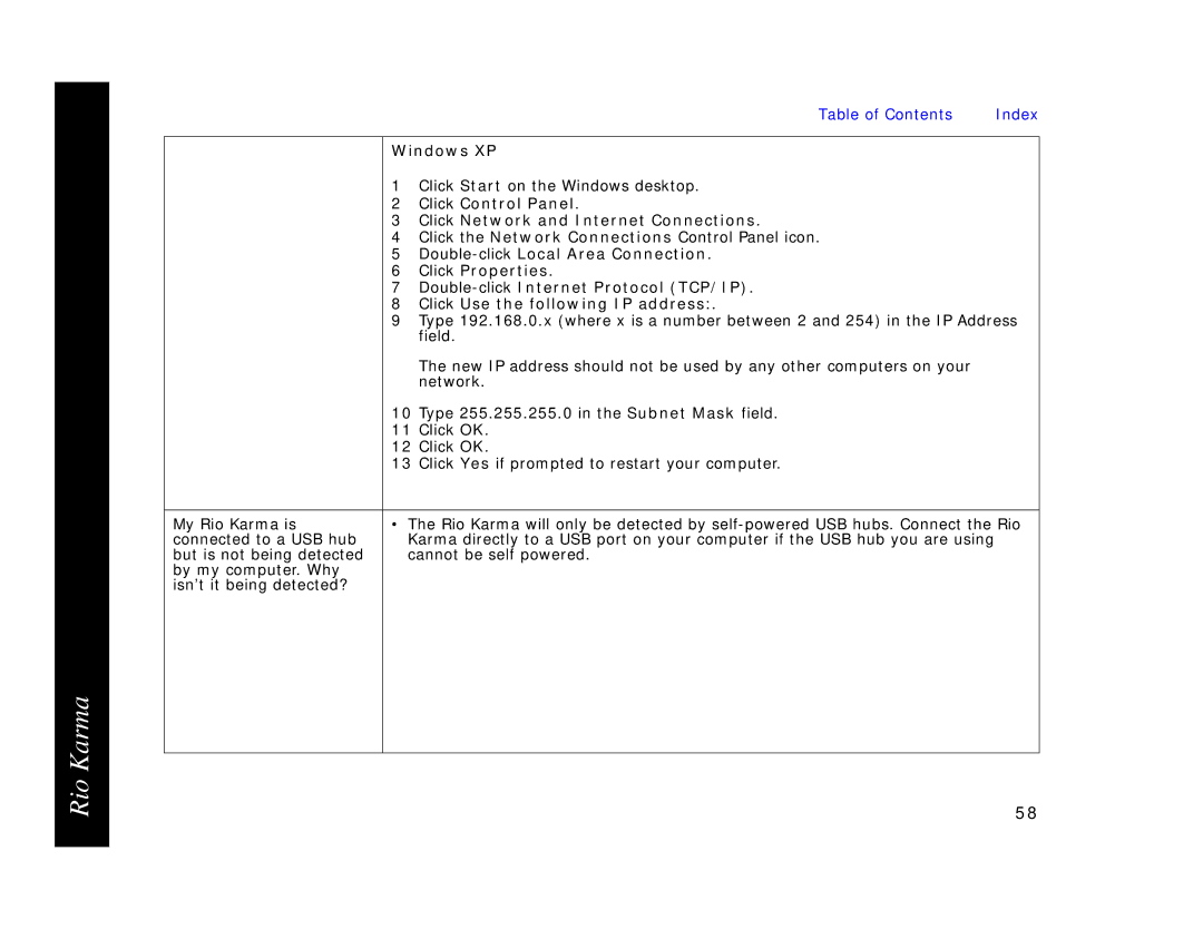 Rio Audio Karma MP3 manual Windows XP, Click Control Panel Click Network and Internet Connections 