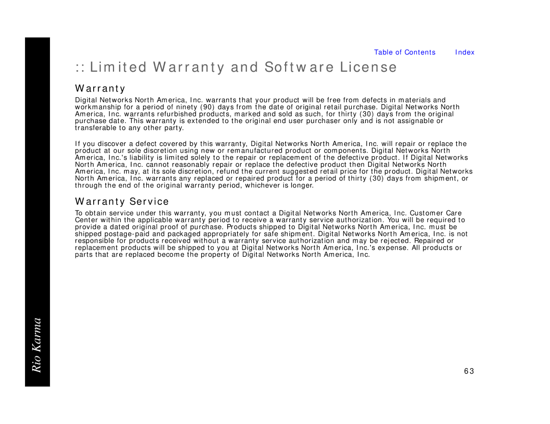 Rio Audio Karma MP3 manual Limited Warranty and Software License, Warranty Service 