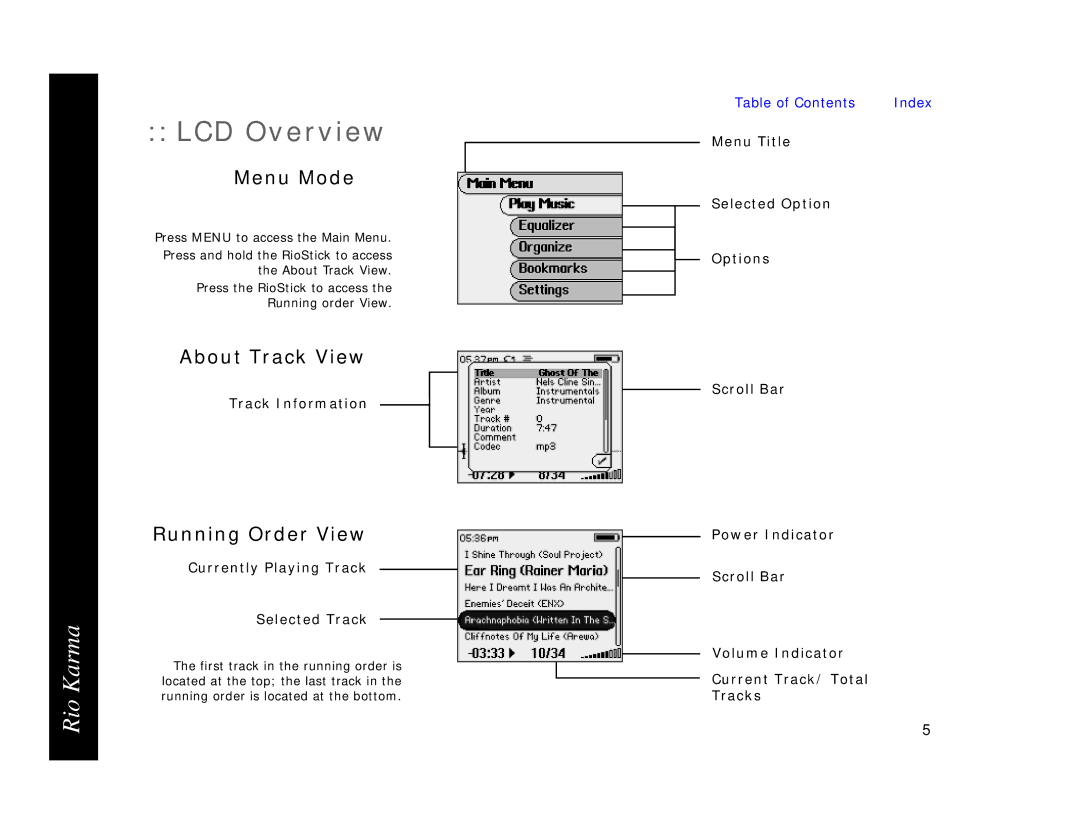 Rio Audio Karma MP3 manual LCD Overview, Menu Mode, About Track View, Running Order View 