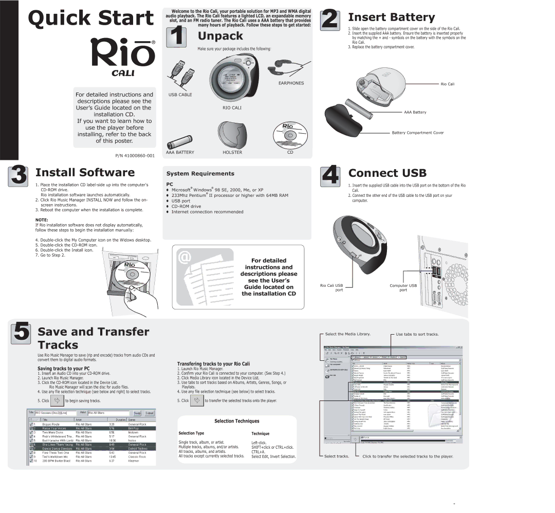 Rio Audio Mp3 Player Model Cali quick start Unpack, Insert Battery, Install Software, Save and Transfer Tracks 