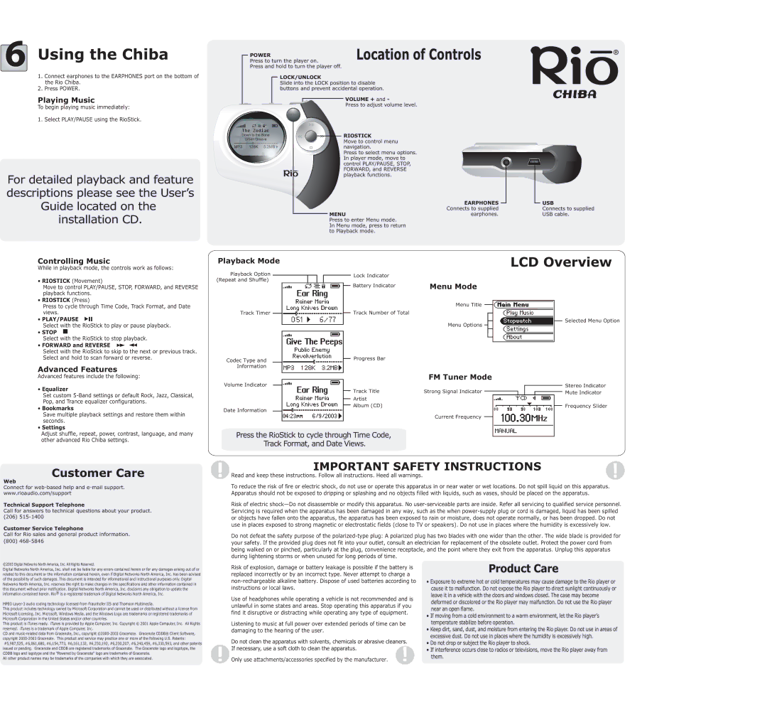 Rio Audio Mp3 Player Model Chiba important safety instructions Location of Controls, Customer Care, Product Care 