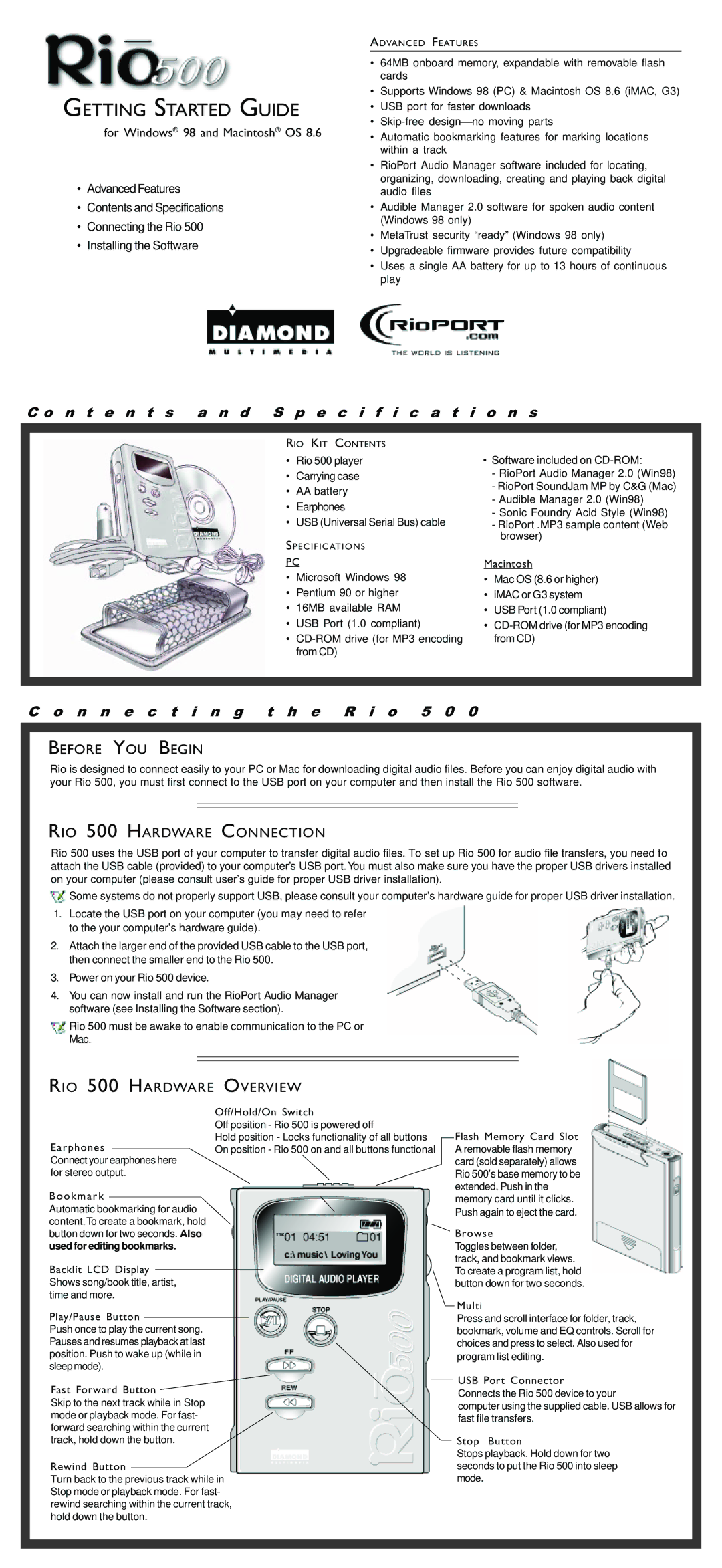 Rio Audio Rio 500 PC specifications Before YOU Begin, RIO 500 Hardware Connection, RIO 500 Hardware Overview 