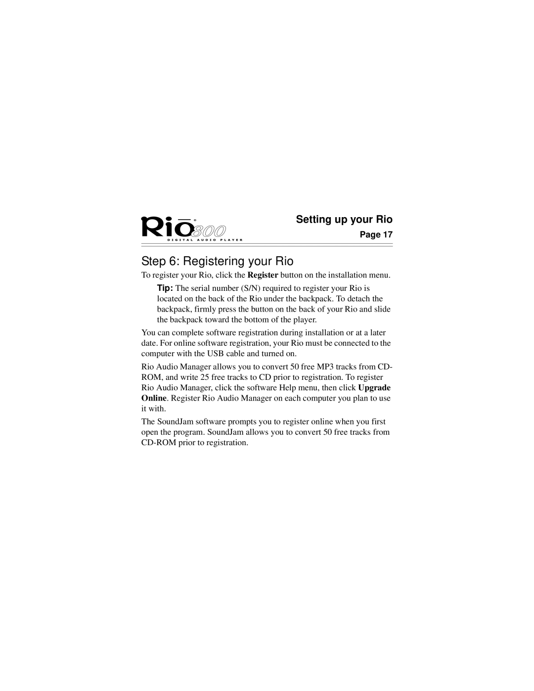 Rio Audio Rio 800 manual Registering your Rio 