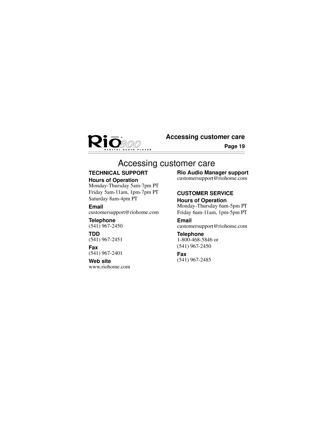 Rio Audio Rio 800 manual Accessing customer care 