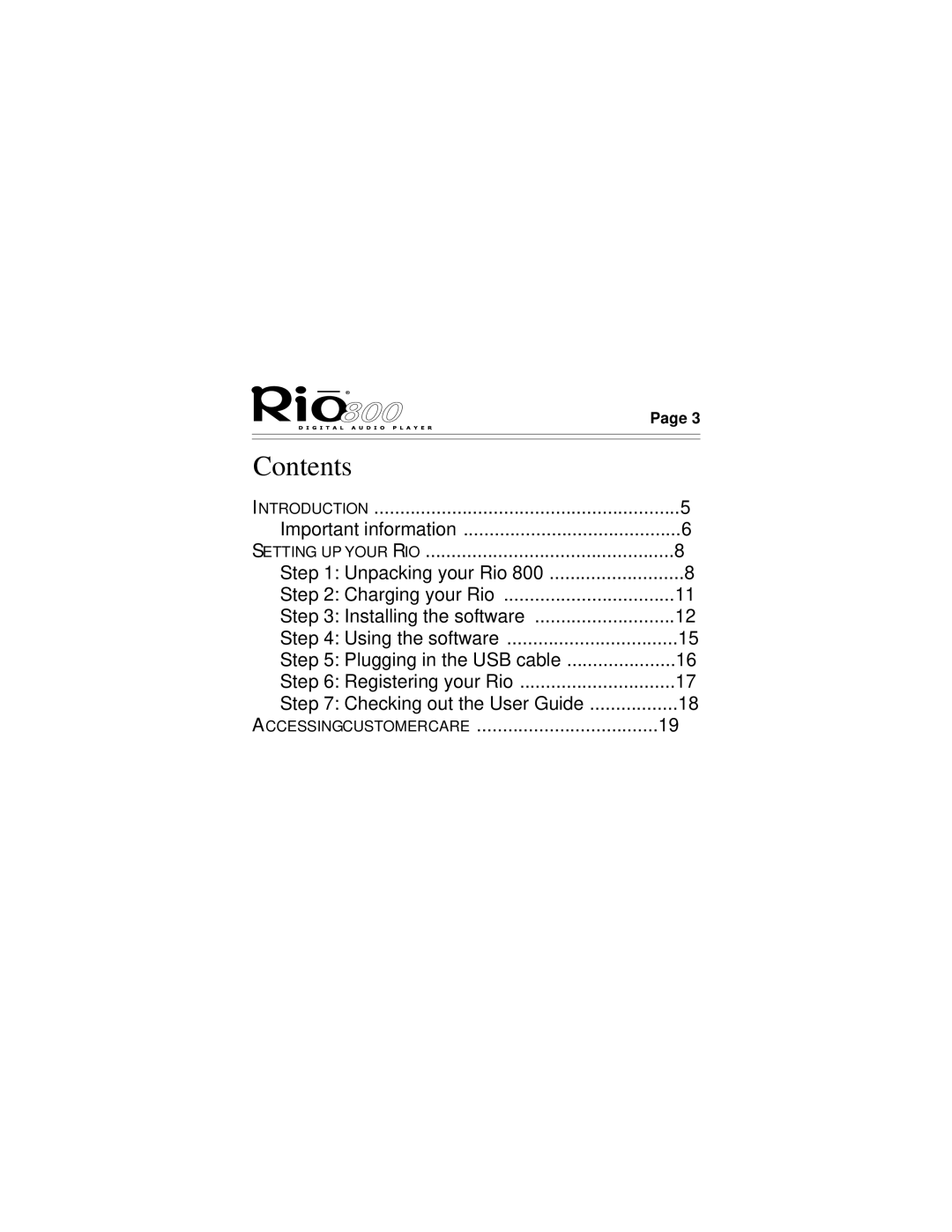 Rio Audio Rio 800 manual Contents 