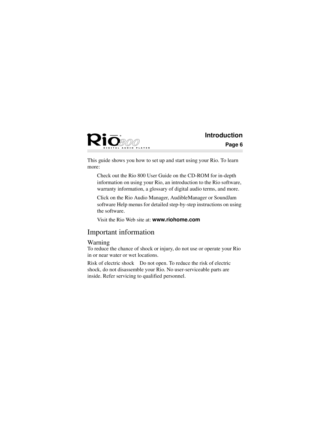 Rio Audio Rio 800 manual Important information 