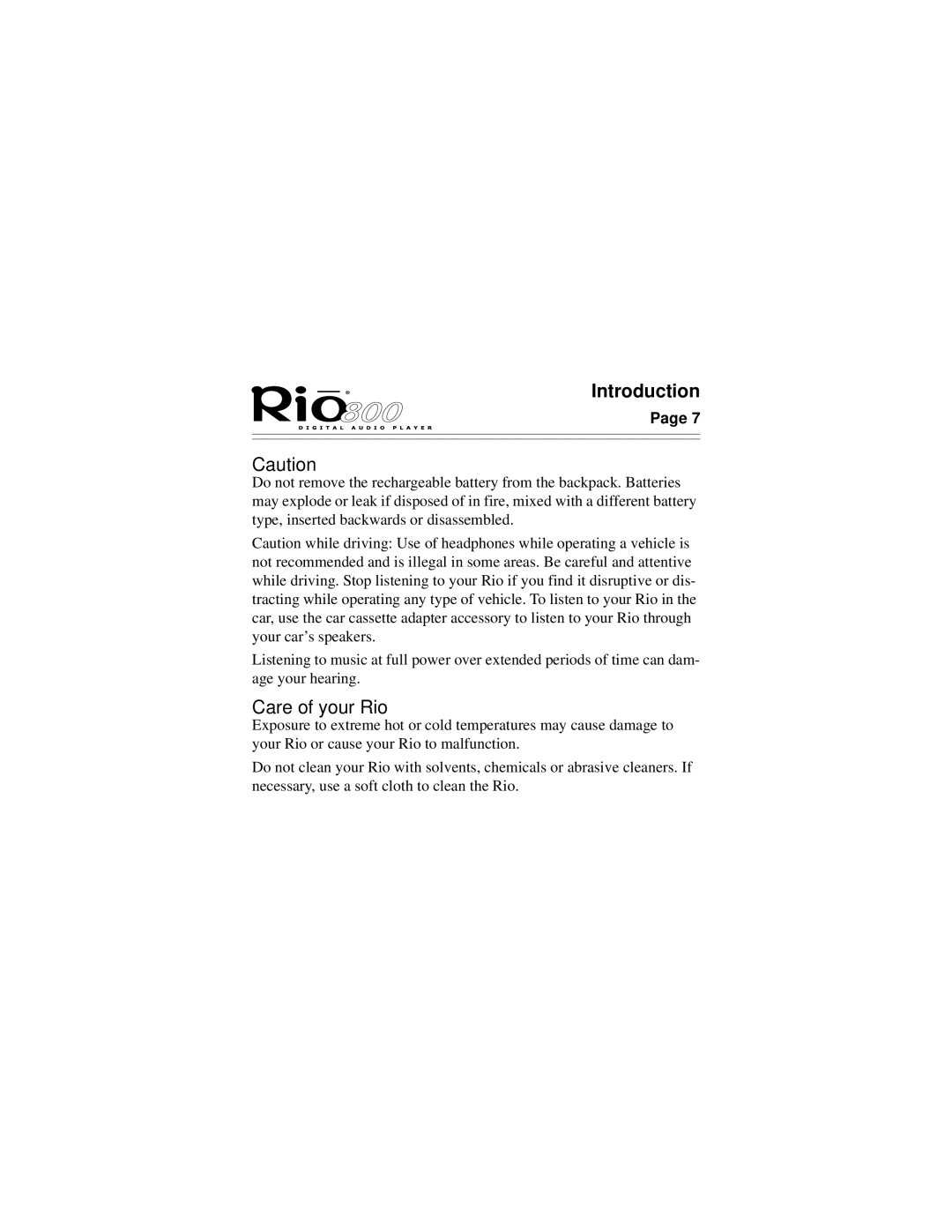 Rio Audio Rio 800 manual Care of your Rio 