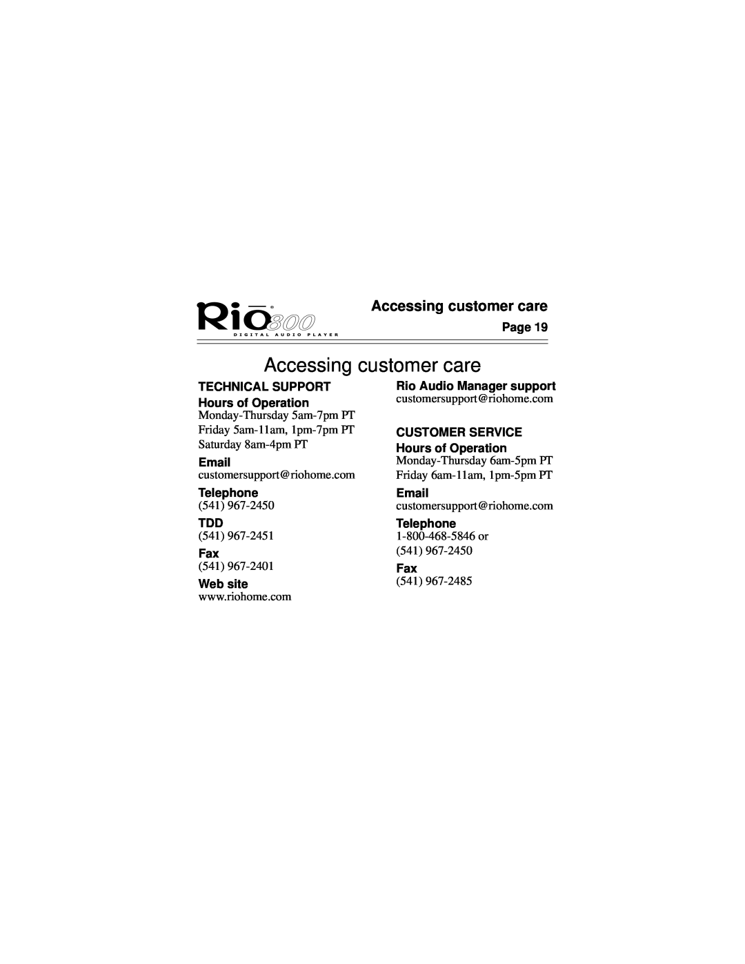 Rio Audio Rio 800 manual Accessing customer care 
