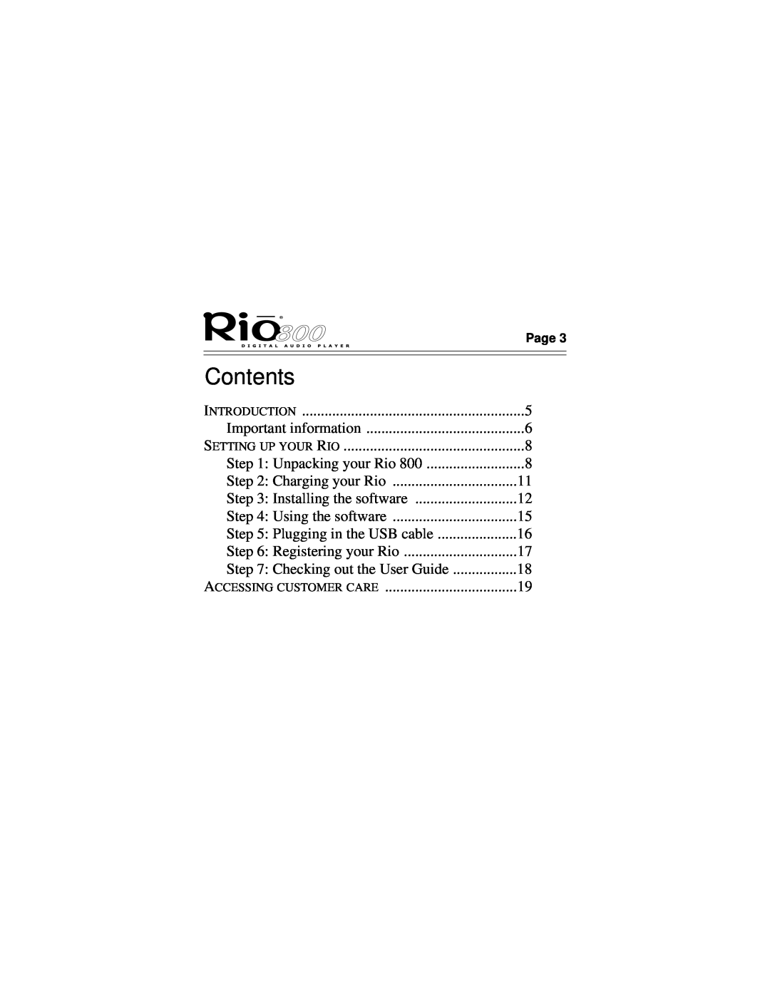 Rio Audio Rio 800 manual Contents 