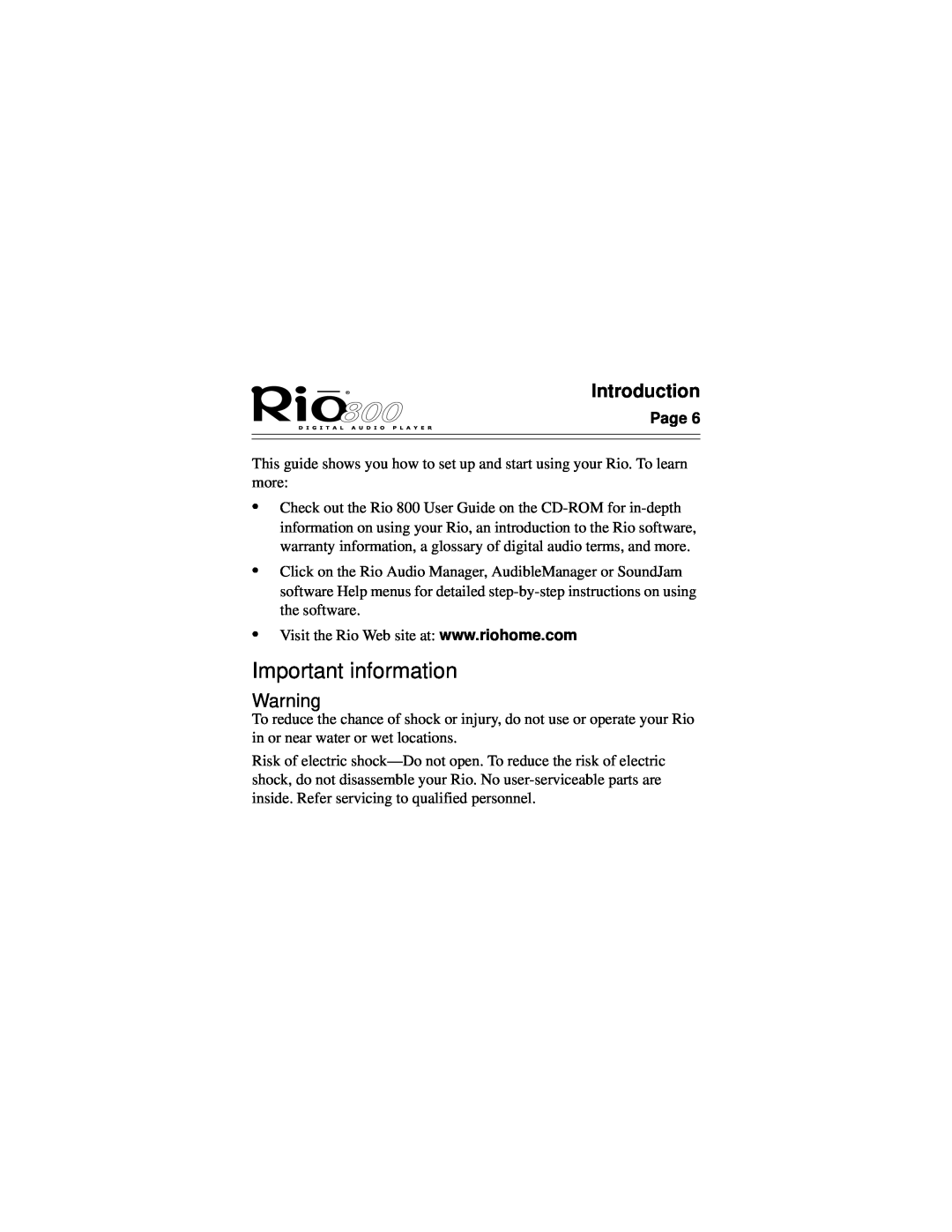 Rio Audio Rio 800 manual Important information, Introduction 