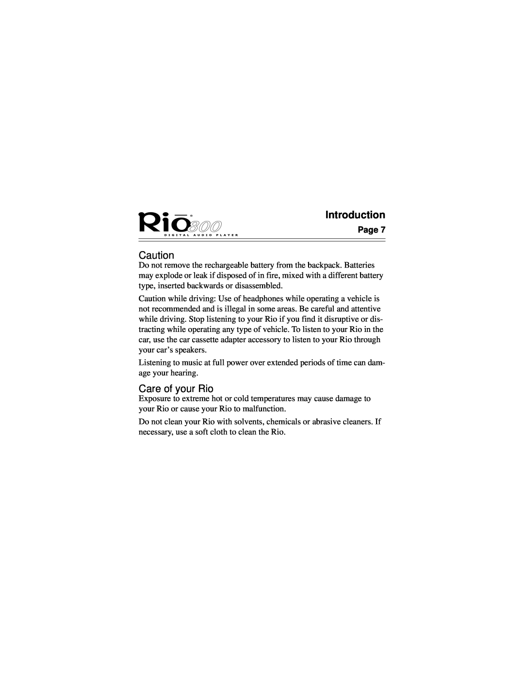 Rio Audio Rio 800 manual Care of your Rio, Introduction 