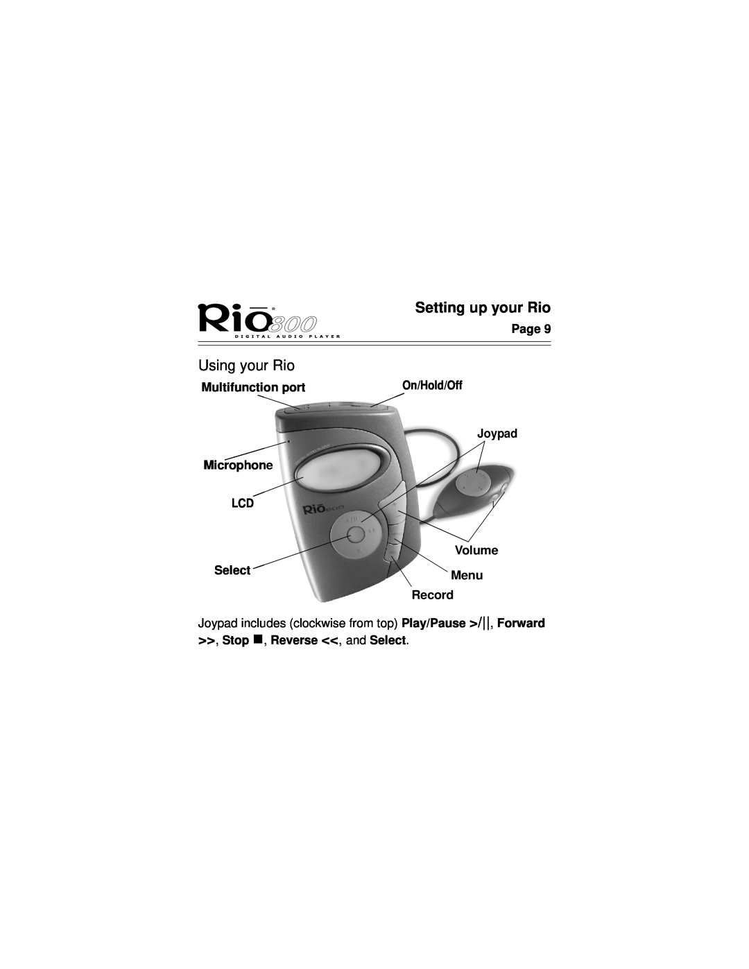 Rio Audio Rio 800 Using your Rio, Setting up your Rio, Page, Multifunction port, Joypad, Microphone, Volume, Select, Menu 