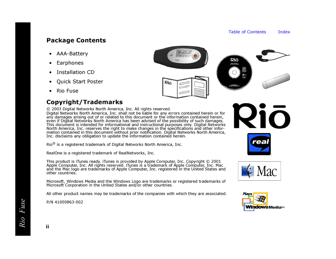 Rio Audio Rio Fuse manual Package Contents, Copyright/Trademarks 