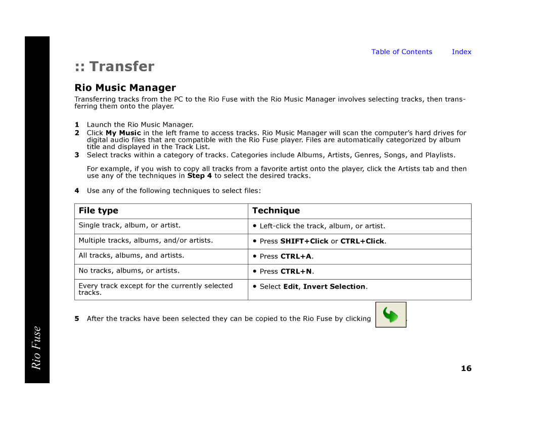 Rio Audio Rio Fuse manual Transfer, File type Technique 