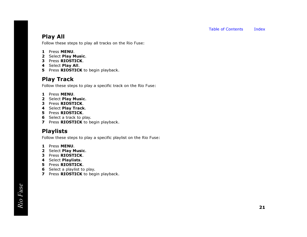 Rio Audio Rio Fuse manual Play All, Play Track, Playlists 