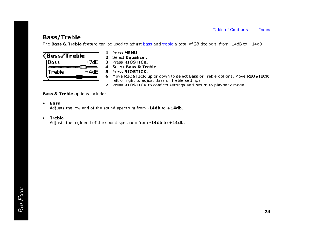 Rio Audio Rio Fuse manual Bass/Treble, Select Equalizer Press Riostick Select Bass & Treble 
