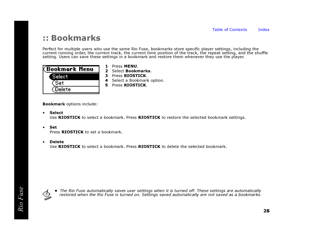Rio Audio Rio Fuse manual Select Bookmarks Press Riostick, Set, Delete 