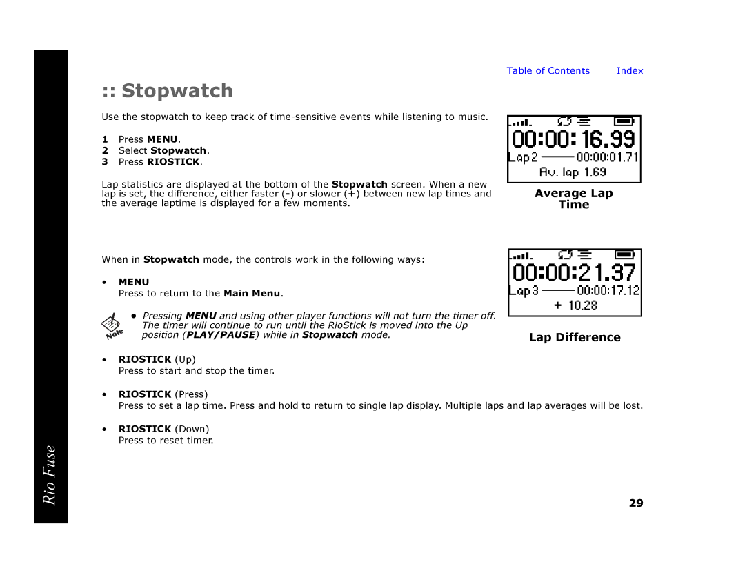 Rio Audio Rio Fuse manual Average Lap Time Lap Difference, Select Stopwatch Press Riostick, Riostick Up 